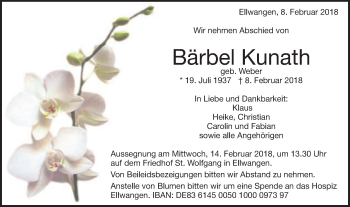 Traueranzeige von Bärbel Kunath von Schwäbische Post