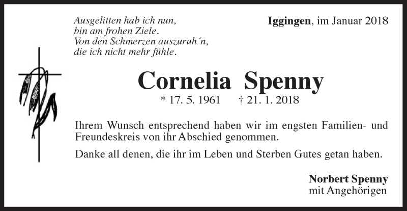  Traueranzeige für Cornelia Spenny vom 05.02.2018 aus Gmünder Tagespost