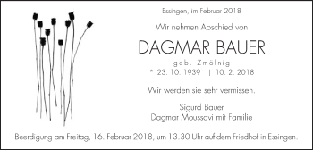 Traueranzeige von Dagmar Bauer von Schwäbische Post