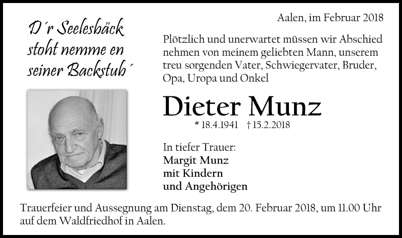  Traueranzeige für Dieter Munz vom 17.02.2018 aus Schwäbische Post