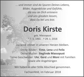 Traueranzeige von Doris Kirste von Schwäbische Post