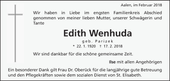 Traueranzeige von Edith Wenhuda von Schwäbische Post