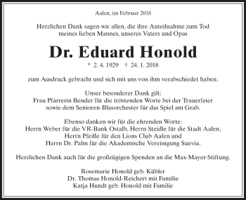 Traueranzeige von Eduard Honold von Schwäbische Post