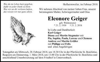 Traueranzeige von Eleonore Geiger von Schwäbische Post
