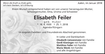 Traueranzeige von Elisabeth Feiler von Schwäbische Post