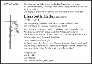 Traueranzeige von Elisabeth Hiller von Gmünder Tagespost