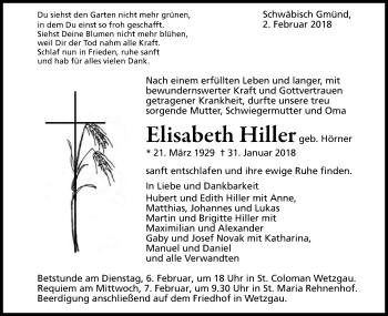 Traueranzeige von Elisabeth Hiller von Gmünder Tagespost