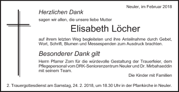 Traueranzeige von Elisabeth Löcher von Schwäbische Post