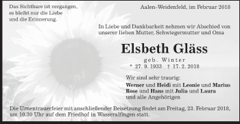Traueranzeige von Elsbeth Gläss von Schwäbische Post