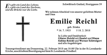Traueranzeige von Emilie Reichl von Gmünder Tagespost