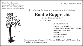 Traueranzeige von Emilie Rupprecht von Schwäbische Post