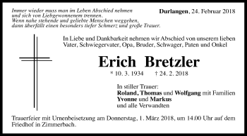 Traueranzeige von Erich Bretzler von Gmünder Tagespost