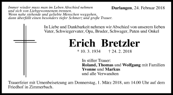 Traueranzeige von Erich Bretzler