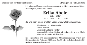 Traueranzeige von Erika Abele von Schwäbische Post