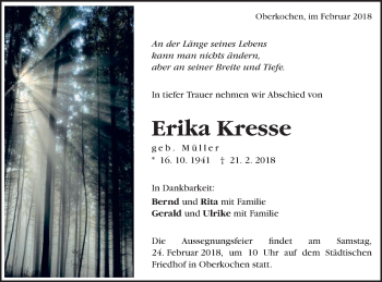 Traueranzeige von Erika Kresse von Schwäbische Post