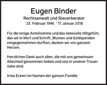 Traueranzeige von Eugen Binder von Gmünder Tagespost