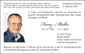 Traueranzeige von Franz Müller von Gmünder Tagespost