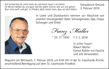 Traueranzeige von Franz Müller