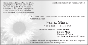 Traueranzeige von Franz Stürzl von Schwäbische Post