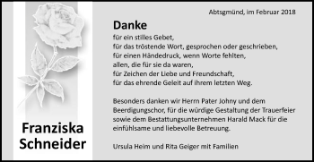 Traueranzeige von Franziska Schneider von Schwäbische Post