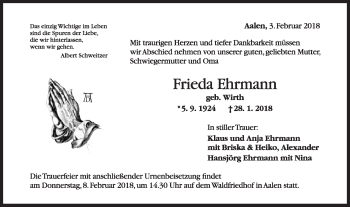 Traueranzeige von Frieda Ehrmann von Schwäbische Post