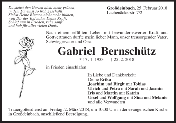 Traueranzeige von Gabriel Bernschütz von Gmünder Tagespost