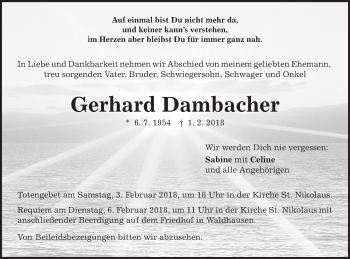 Traueranzeige von Gerhard Dambacher von Schwäbische Post