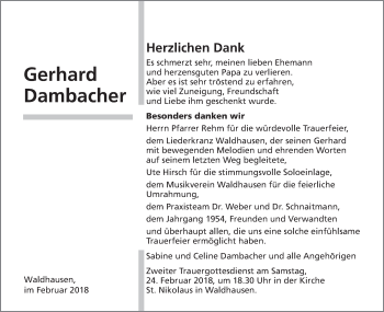 Traueranzeige von Gerhard Dambacher von Schwäbische Post