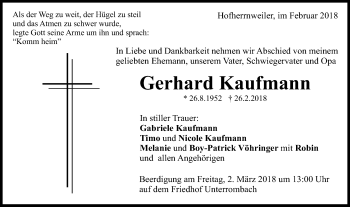 Traueranzeige von Gerhard Kaufmann von Schwäbische Post