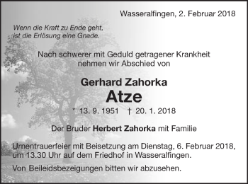 Traueranzeige von Gerhard Zahorka von Schwäbische Post