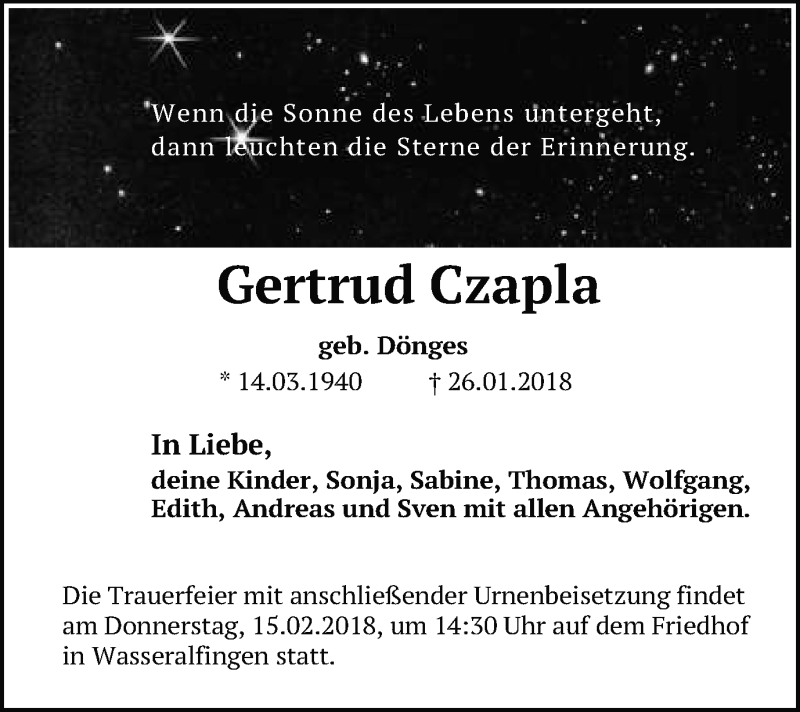  Traueranzeige für Gertrud Czapla vom 10.02.2018 aus Schwäbische Post