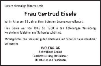 Traueranzeige von Gertrud Eisele von Gmünder Tagespost