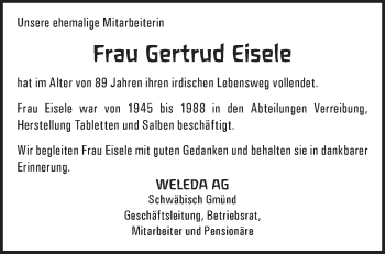 Traueranzeige von Gertrud Eisele