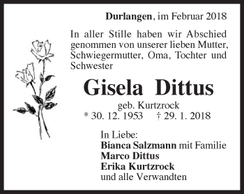 Traueranzeige von Gisela Dittus von Gmünder Tagespost