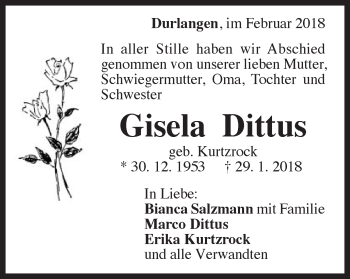 Traueranzeige von Gisela Dittus