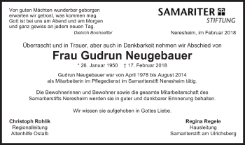 Traueranzeige von Gudrun Neugebauer von Schwäbische Post