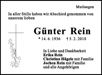 Traueranzeige von Günter Rein von Gmünder Tagespost