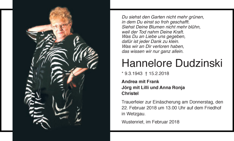  Traueranzeige für Hannelore Dudzinski vom 20.02.2018 aus Gmünder Tagespost