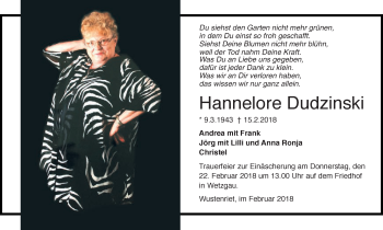 Traueranzeige von Hannelore Dudzinski von Gmünder Tagespost