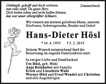 Traueranzeige von Hans-Dieter Hösl von Gmünder Tagespost