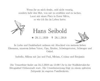 Traueranzeige von Hans Seibold von Schwäbische Post