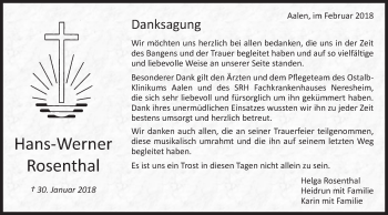 Traueranzeige von Hans-Werner Rosenthal von Schwäbische Post