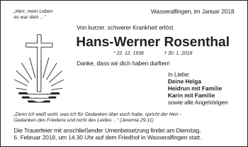Traueranzeige von Hans-Werner Rosenthal von Schwäbische Post