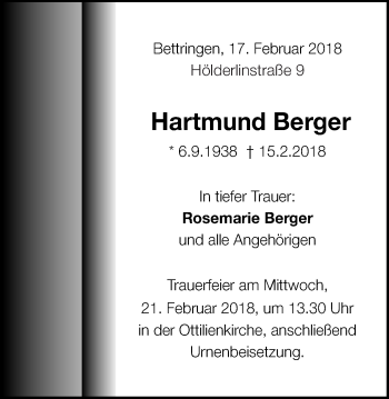 Traueranzeige von Hartmund Berger von Gmünder Tagespost