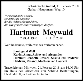 Traueranzeige von Hartmut Meywald von Gmünder Tagespost