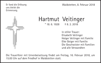 Traueranzeige von Hartmut Veitinger von Gmünder Tagespost