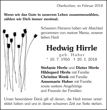 Traueranzeige von Hedwig Hirrle von Amtsblatt_Oko
