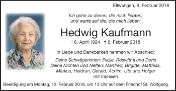 Traueranzeige von Hedwig Kaufmann von Schwäbische Post