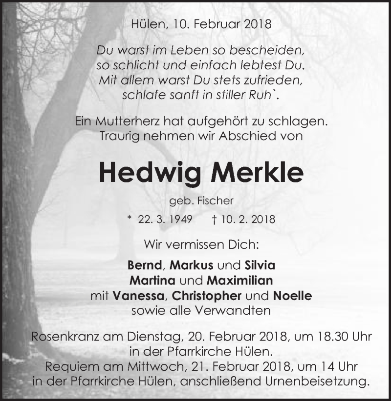  Traueranzeige für Hedwig Merkle vom 17.02.2018 aus Schwäbische Post