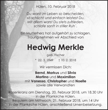 Traueranzeige von Hedwig Merkle von Schwäbische Post